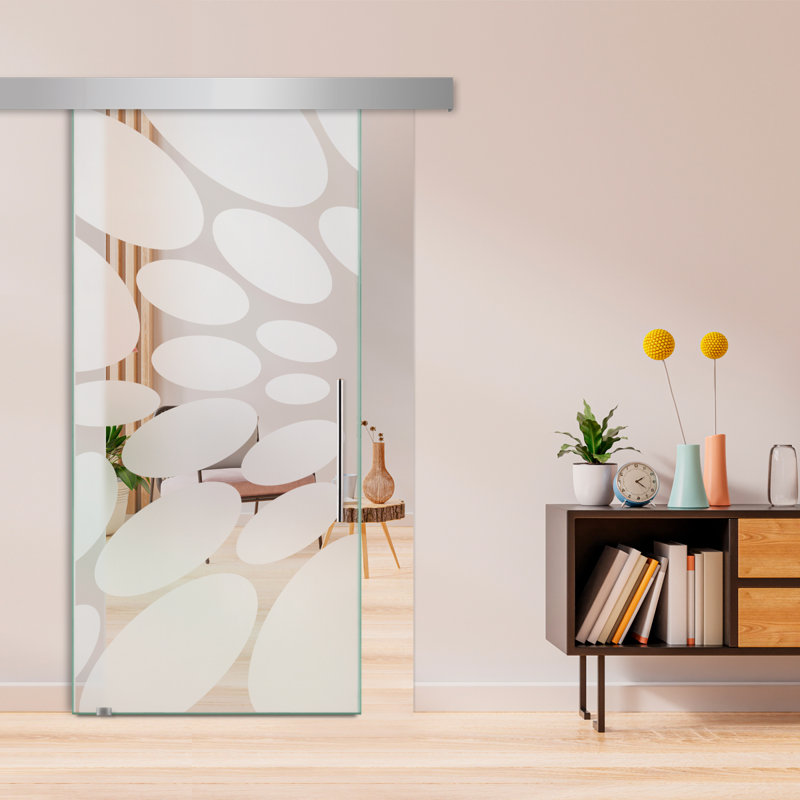 Porte de grange coulissante en verre sans cadre avec design moderne sablé et quincaillerie (semi-privée), 40 po x 84 po