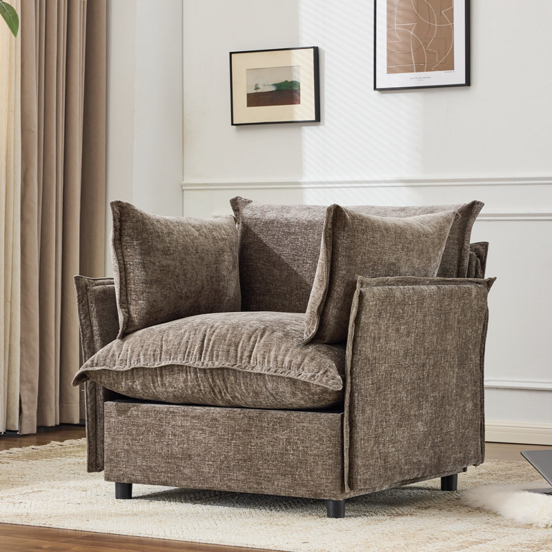 Chenille Upholstered Skirted Arm Chair Accent Chair  With Thin Arms For Living Room, Khaki