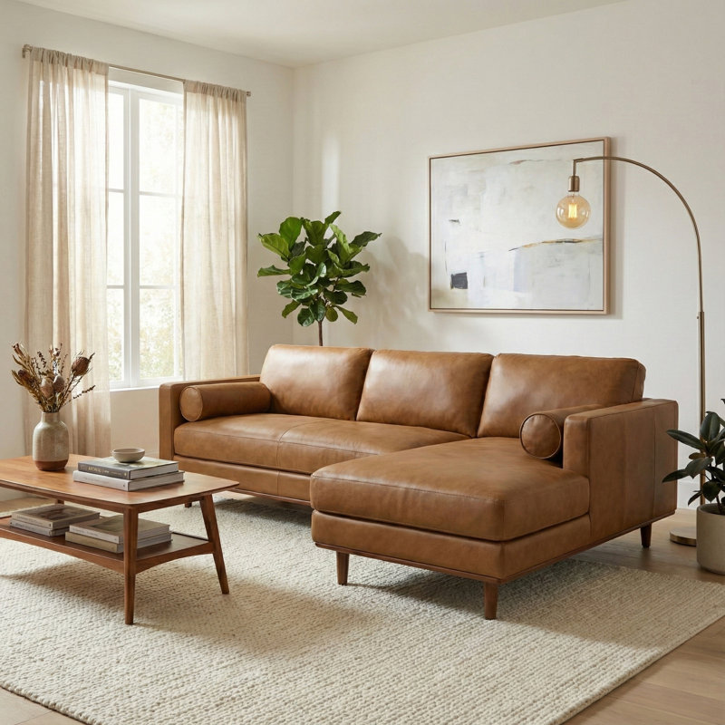 Canapé modulaire Morrison Mid Century, Cuir véritable caramel, Orienté à droite