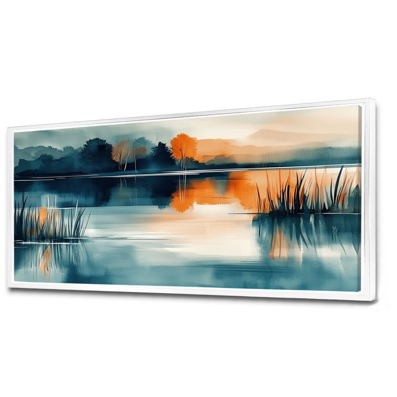 «Blue Orange Sunset Lake Simplicity - Blue Serene Wall Decor, Nature», impressions encadrées, H 20 po x l 40 po