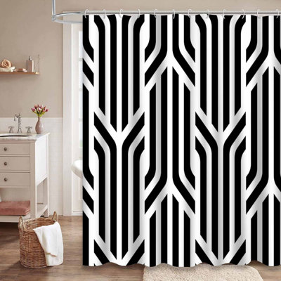 Rideau de douche à rayures géométriques noir et blanc avec 12 crochets
