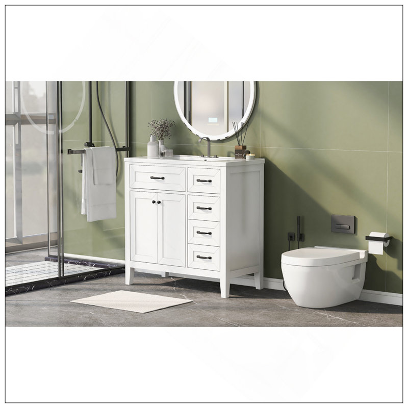 Meuble-lavabo 36 po avec lavabo, armoire de salle de bain blanche avec tiroirs, structure solide et panneau de fibres à densité moyenne
