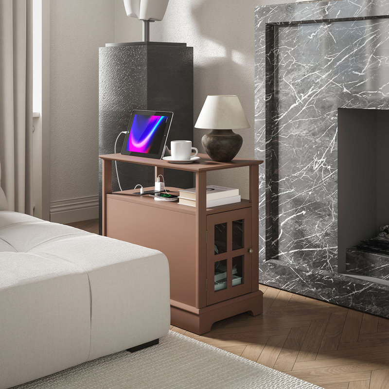 HOMCOM End Table With Charging Station, Brown