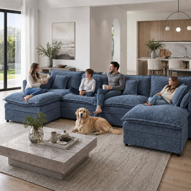Canapé modulaire en chenille de 142 po avec repose-pieds et siège profond 142 po, Bleu