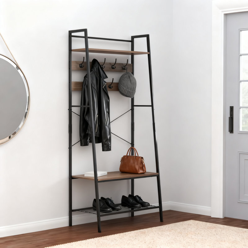 Hall Tree With Storage Bench, 9 Double Hooks And 3-Tier Ladder Shelf | Entryway Organizer For Mudroom, Hallway And Garage