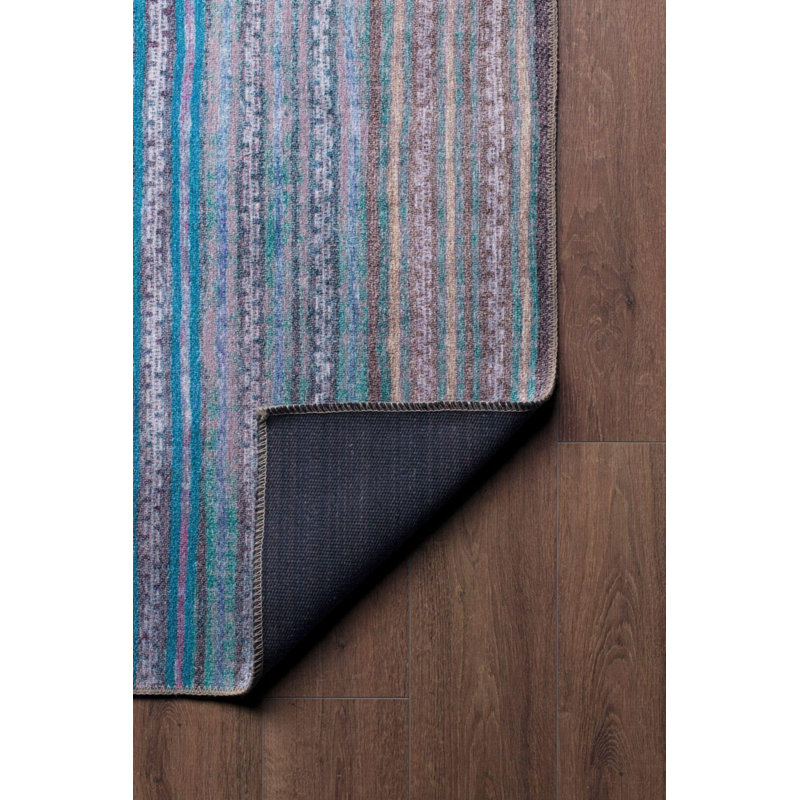 Tapis décoratif rayé bleu, beige et gris, Rectangle 3 pi 10 po x 5 pi 3 po