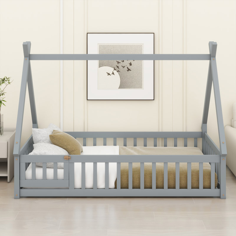 Teepee-Inspired Low Loft Bed Featuring Safety Rails And Entrance Door, Twin, Gray