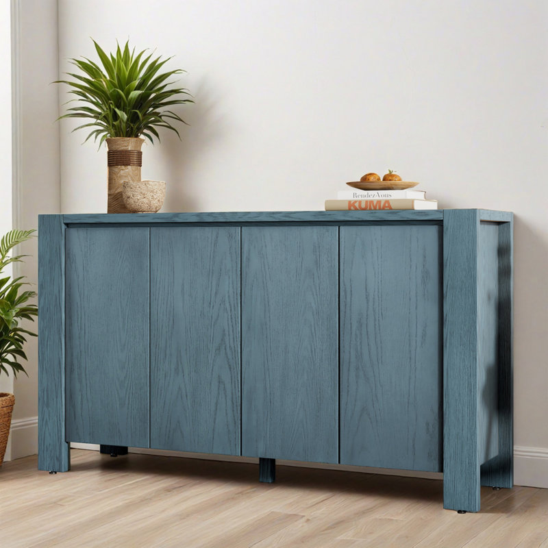 Buffet 59,02 "avec rangement, 4 portes Buffet rétro en bois avec tablettes réglables pour la salle à manger et le salon