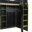 Lit mezzanine double en bois avec bureau, garde-robe ouverte, compartiments de rangement et lumières RVB, vert
