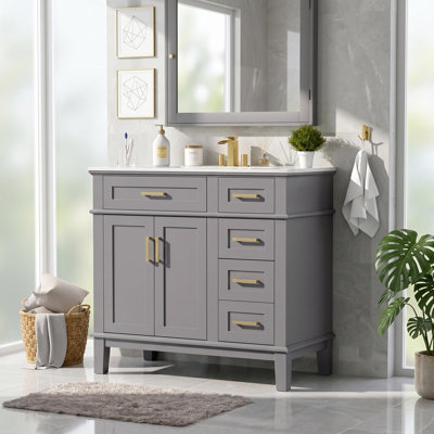 Meuble-lavabo autoportant moderne de 36 po avec lavabo en céramique, porte à fermeture en douceur et 4 tiroirs de rangement