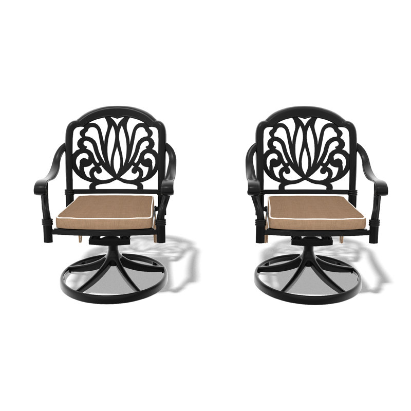 Chaises de patio pivotantes en fonte d'aluminium 2 pièces avec structure et coussins noirs. Fabrication, idéale pour la détente en plein air. Matériaux d'assemblage simples, utilisation. À assembler