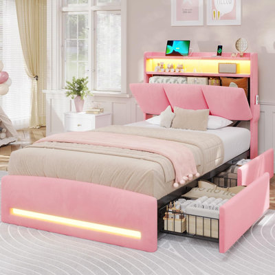 Twin Beds Upholstered Bed Frame with 4 Drawers and LED Lights