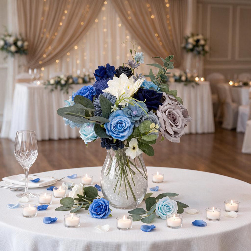 Mélange de roses et de dahlias artificiels en soie bleue, bouquet de mariée à composer soi-même, centre de table, décoration de fête ou d'intérieur