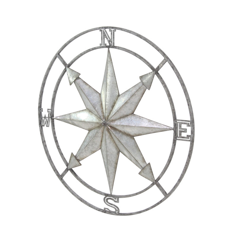 Silver and Copper Metal Compass Wall Sculpture, 35"