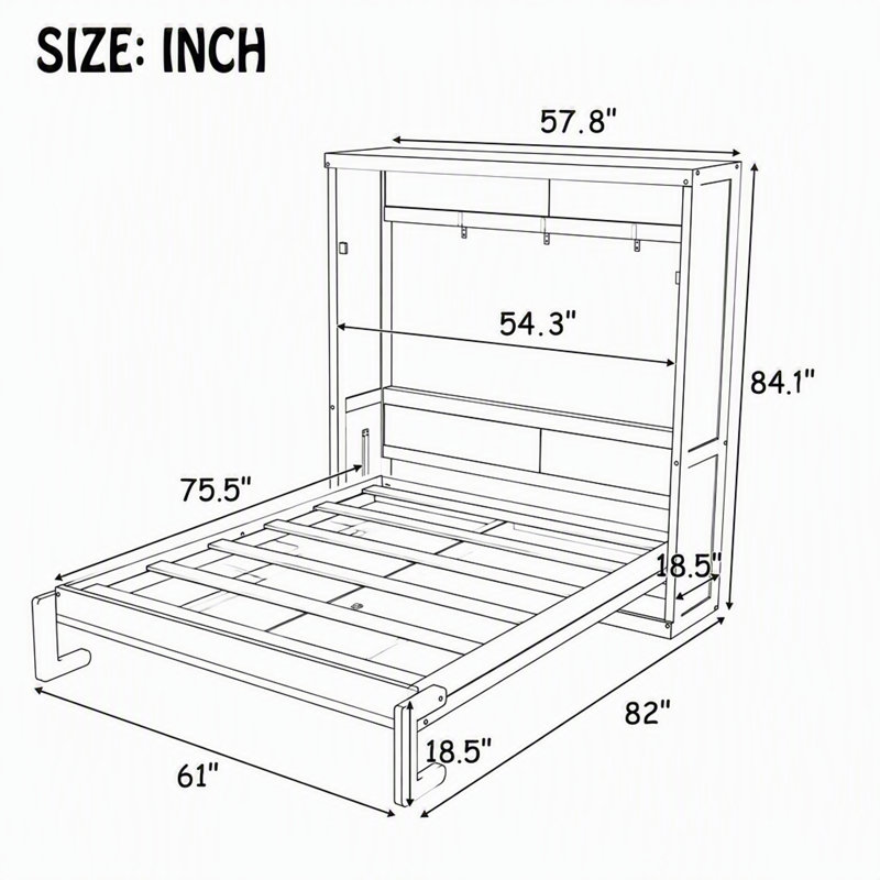 Lit escamotable double avec armoire pliante, blanc, Double, Blanc