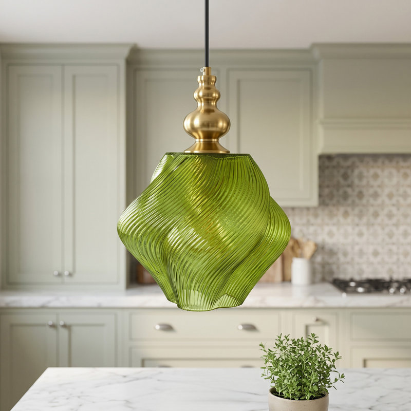 1-Light Olive Green Twisted Glass Pendant Light