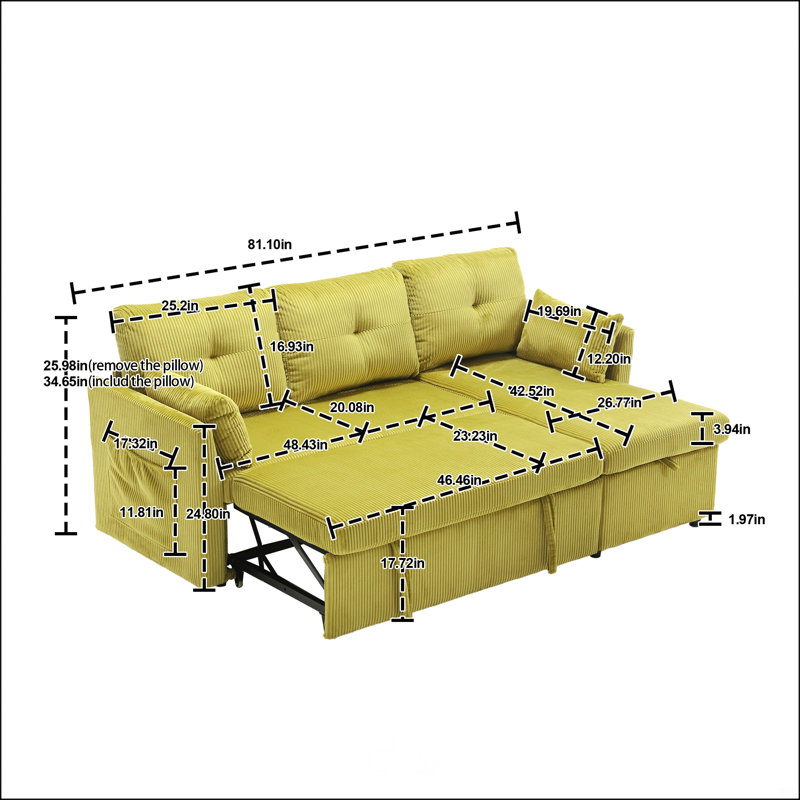 Modular L-Shaped Sofa, Modular Long Sofa with Reversible Chaise Lounge, Olive Corduroy