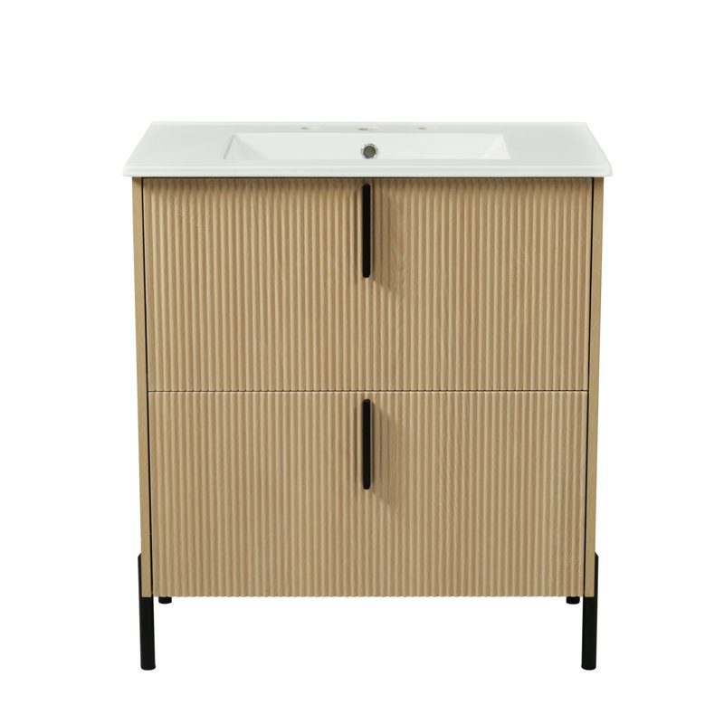 Meuble-lavabo de 30 po avec lavabo en céramique et tiroirs pleine extension, glissières de tiroir encastrées à fermeture en douceur, conception cannelée, L 30 po x l 18 po x H 34 po, panneau de fibres à densité moyenne, 1 pièce, meuble-lavabo de salle de bain, naturel, fermeture douce Tiroirs