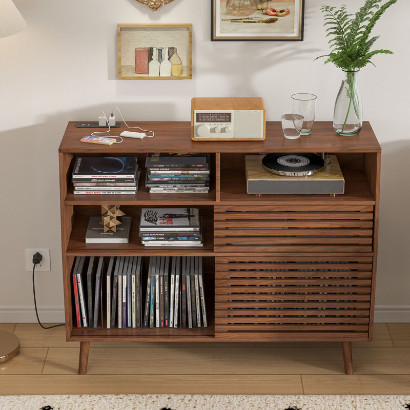Twanna Record Player Stand With Two Sliding Doors For Record Storage, Record Player Table , Turntable Stand For Living Room, Bedroom