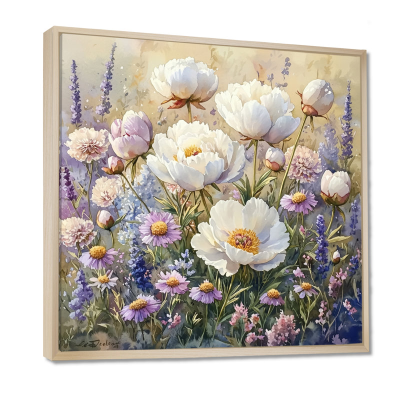 Pivoines dans le champ de fleurs sauvages I - pivoines, art mural, Impression encadrée flottante, Crème, crème