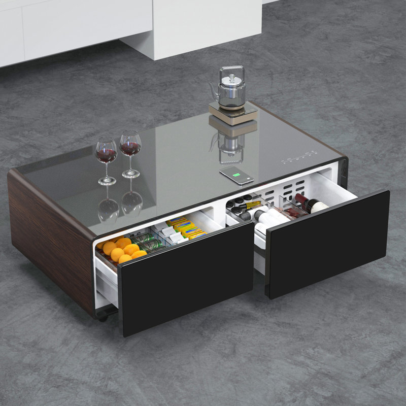 Smart Coffee Table with Dual Refrigerated Drawers Bluetooth Speakers RGB Lighting and Wireless Charging, Brown