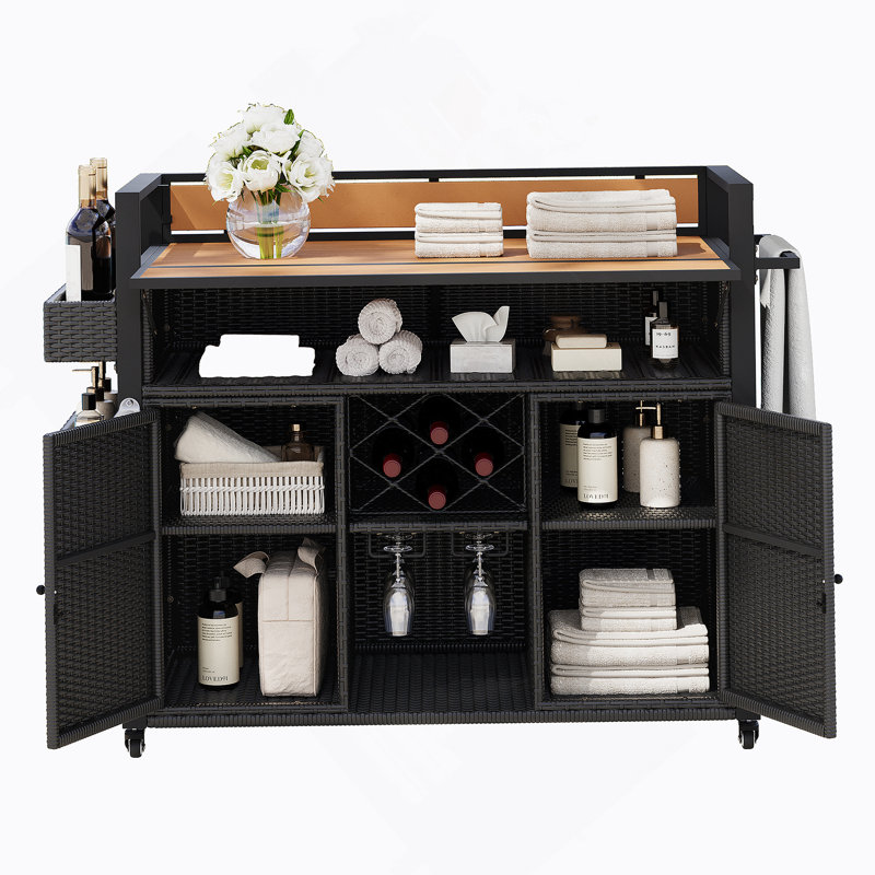 52.8"W Wicker Outdoor Grill Cart With Extended Plastic Wood Table Top, Rolling Kitchen Island On Wheels With Storage Cabinet, For Patio Backyard Garden Poolside, Double Handle Design, Black Brown