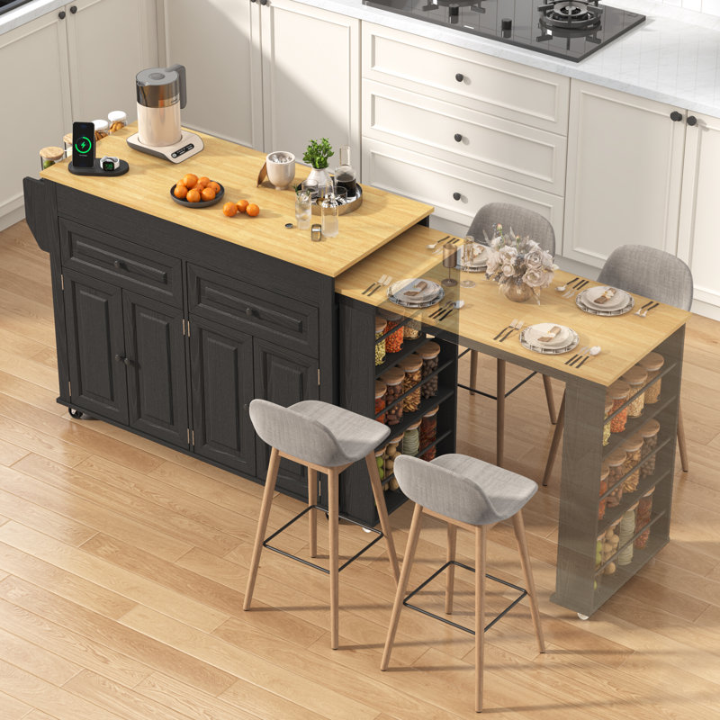 80.63" Extendable Kitchen Island With Power Outlet, 2 Storage Drawers, Open Shelves, Black