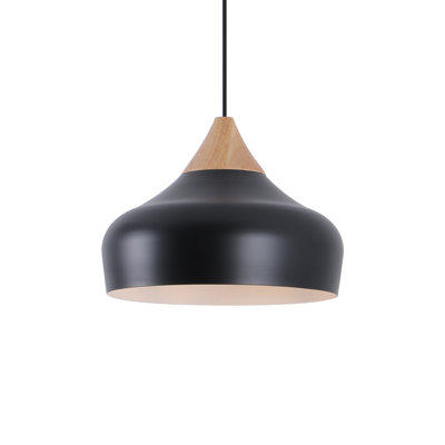 12.6" Black Metal Cone Pendant Light with Solid Wood Finial and Black Ceiling Canopy for Bedroom, Living Room or Dining Room