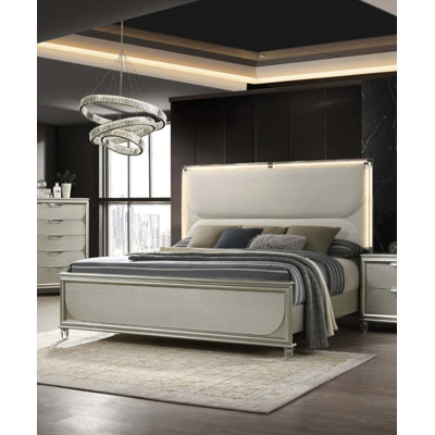Zema Queen Bed, Upholstered Headboard W LED, Silver Wood, Legs