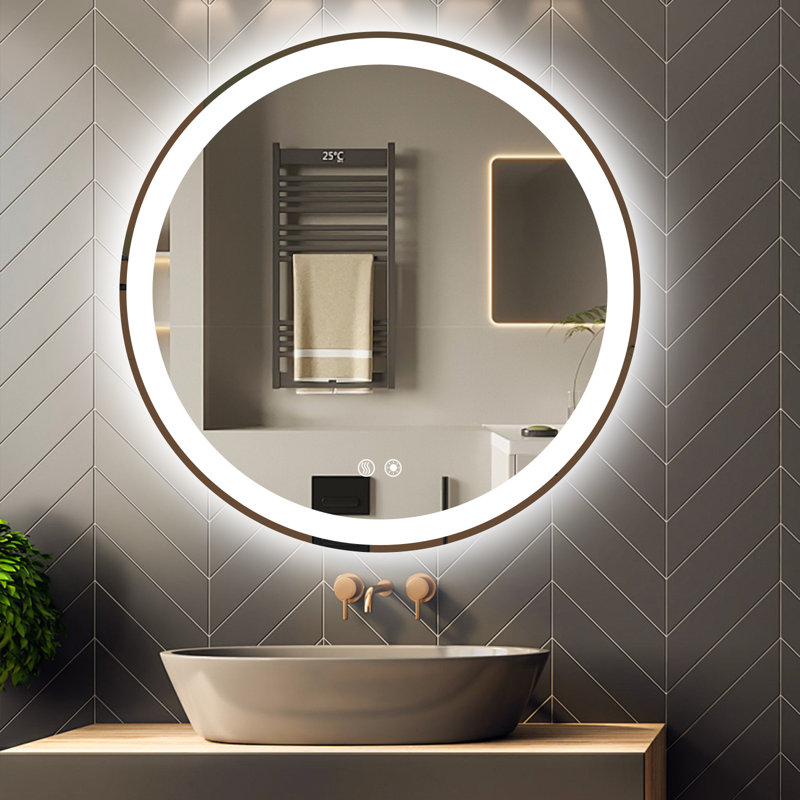 Miroir de salle de bain à DEL rond de qualité supérieure avec antibrouillard, éclairage 3 couleurs à intensité variable et étanche IP67
