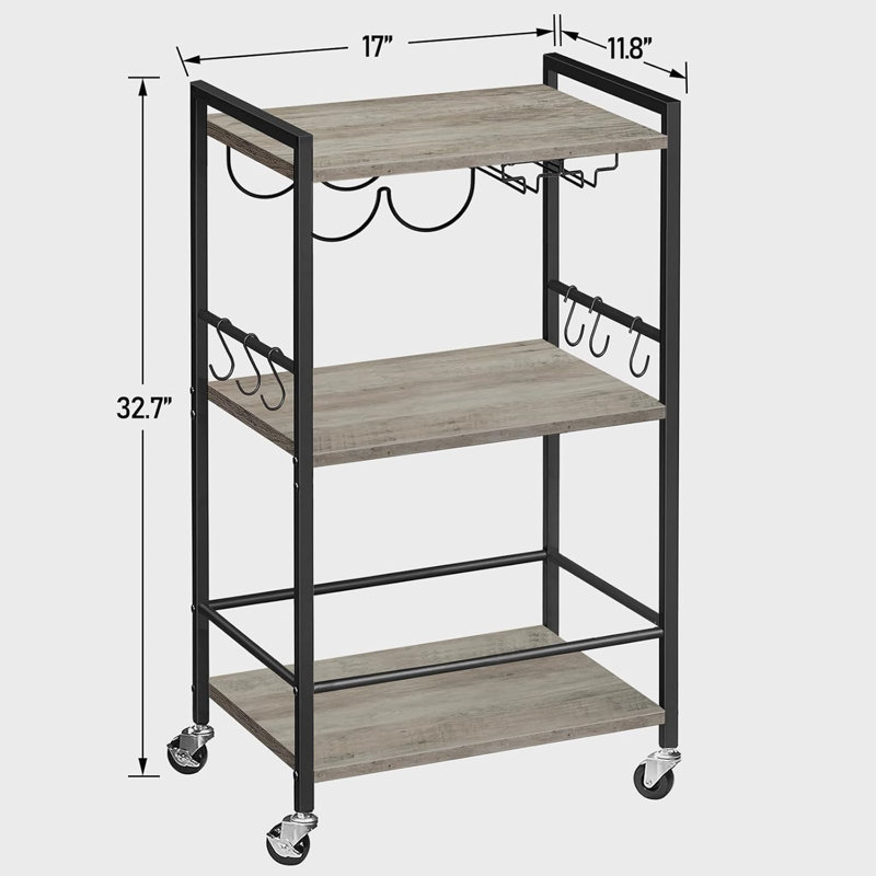 Bar Cart, Home Bar Serving Cart, Drink Cart with 3-Tier Mirrored Shelf, Mobile Kitchen Shelf with Wine Rack, Rolling Beverage Cart