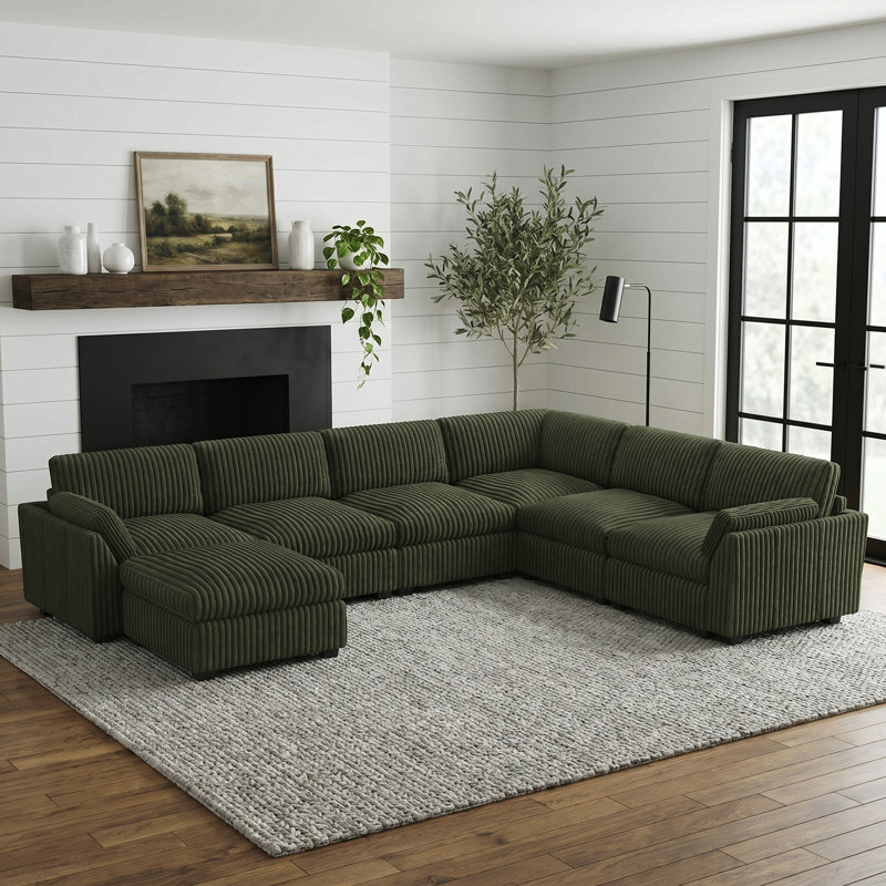 137.8" W U-Shaped Modular Sectional , Green Corduroy