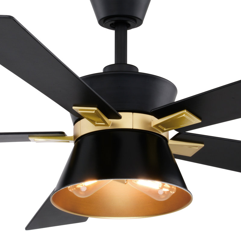 Khateeb 52 in. Black and Gold Indoor Rod Mount Mid-Century Modern Ceiling Fan with Reversible Black-Walnut Blades, Dimmable LED Light Kit and Remote Control Included, 3 Speeds, Metal Shade