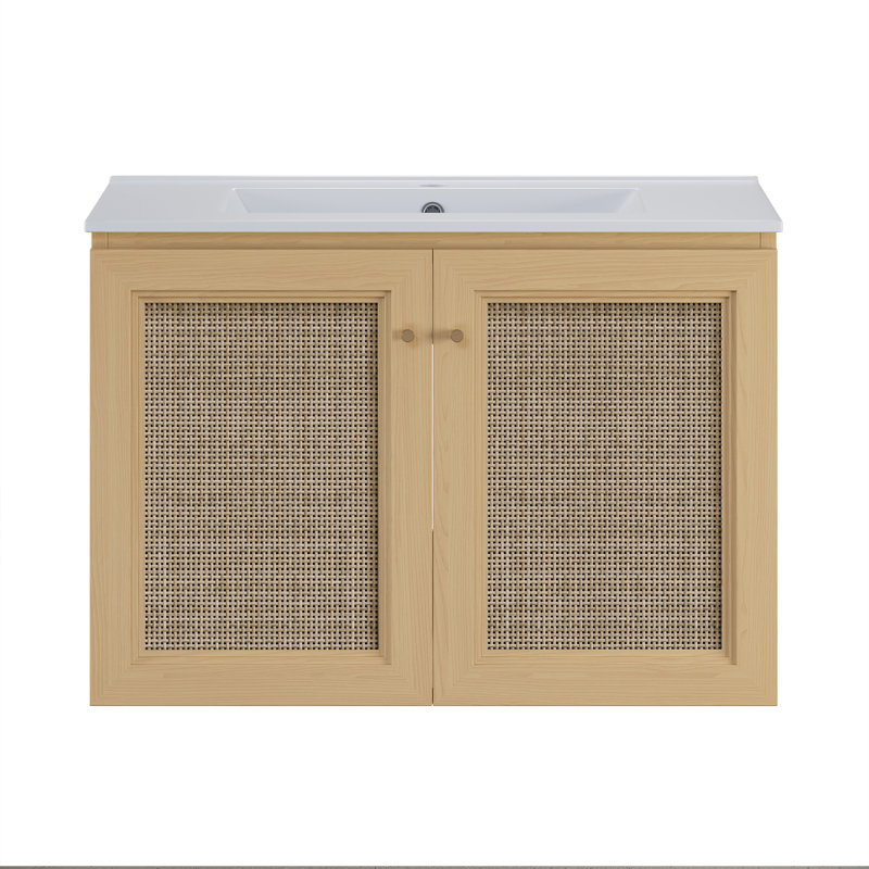 Meuble-lavabo mural 30 po en chêne naturel Cinaed avec comptoir à un trou, Brun, Trou unique