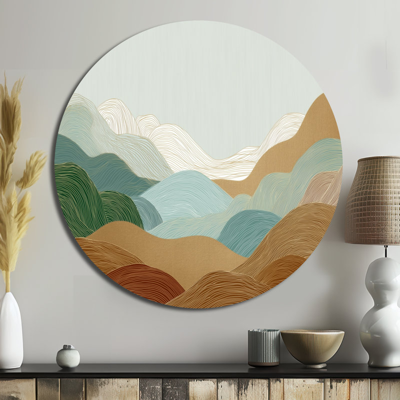 «The Silent Ridge Into The Mountain», art mural rond en métal abstrait Mid-Century, L 16 po x H 16 po