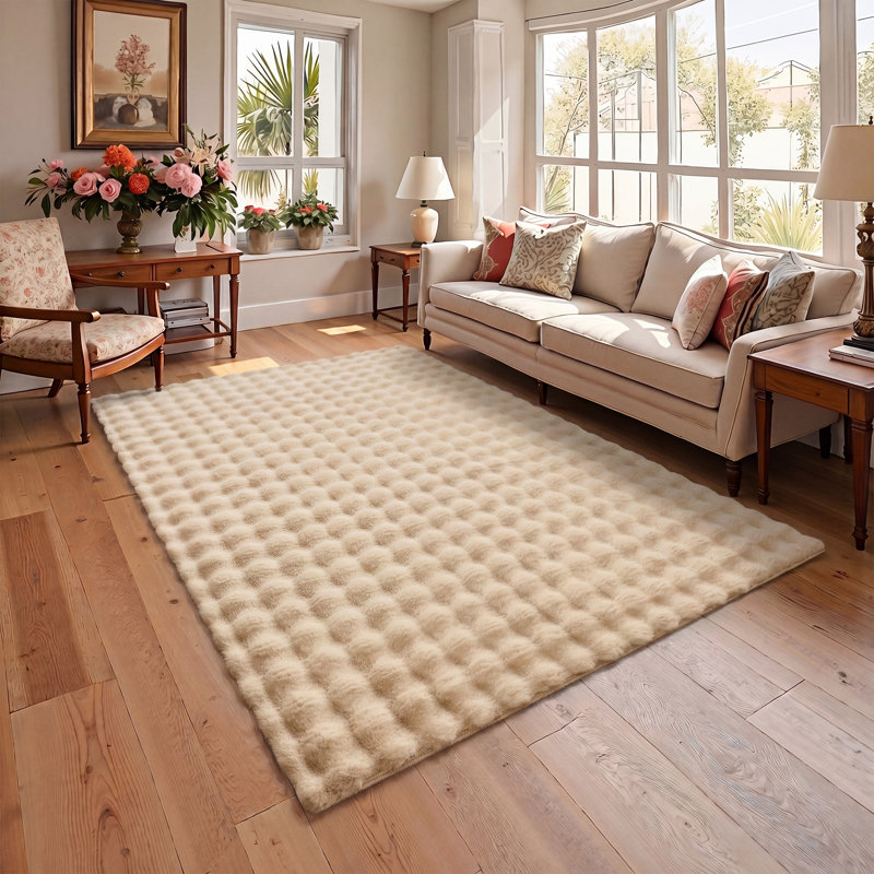 Non-Slip Bubble Shag Faux Rabbit Fur Area Rug, Beige, Rectangle 5' x 7'