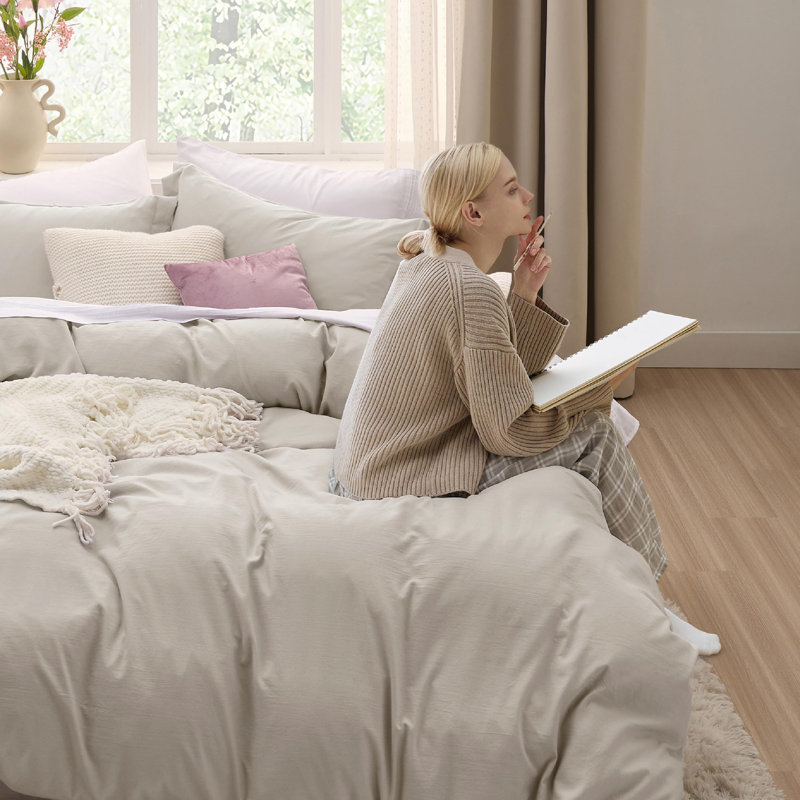 Ensemble de housse de couette Litsure, Housse de couette grand et 2 taies décoratives, Lin lin