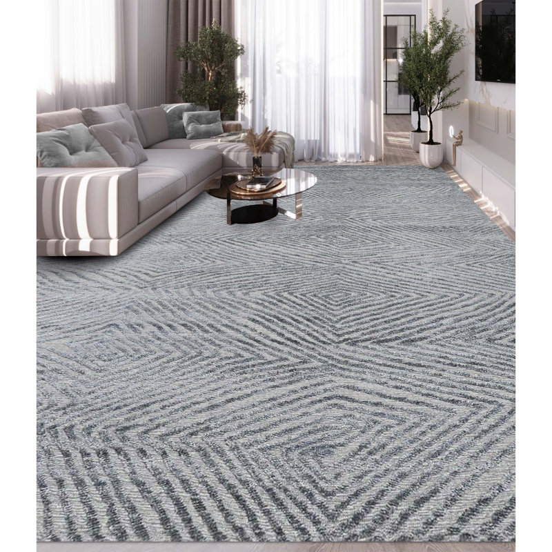 Tapis rectangulaire gris en laine / viscose noué à la main à motif géométrique, Rectangle de 5 pi x 8 pi