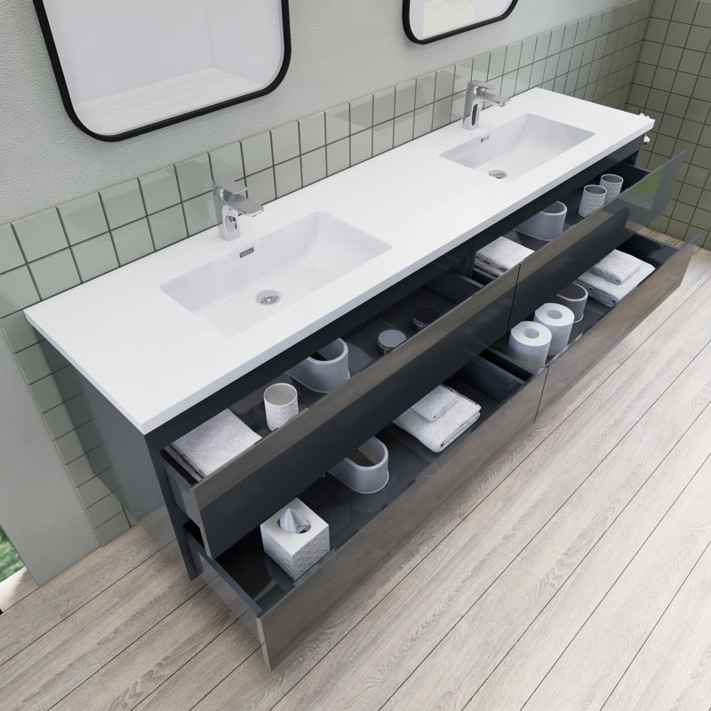 Alfret Ivy Bronx 84" Double Sink Bathroom Vanity Set, Gloss Gray