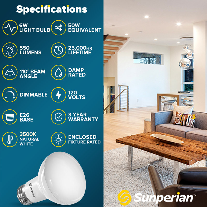 6 Watt (50 Watt Equivalent), BR20 LED, Dimmable Light Bulb, Cool White (3500K) E26/Medium (Standard) Base