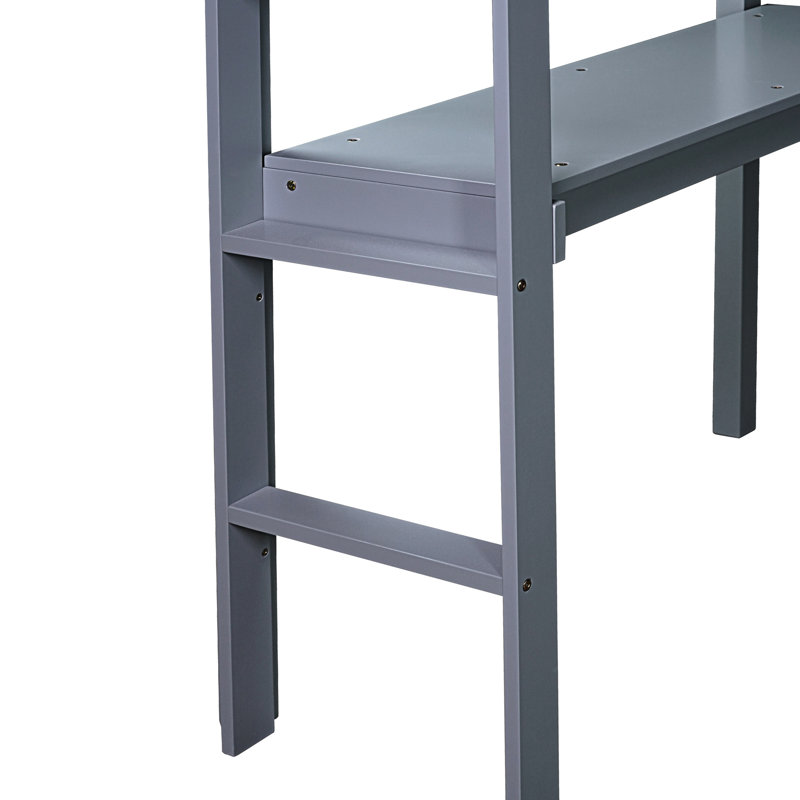 Lit mezzanine simple gris, avec garde-corps et bureau intégré, fabriqué en bois d'hévéa massif pour une chambre de couleur grise, fait pour durer