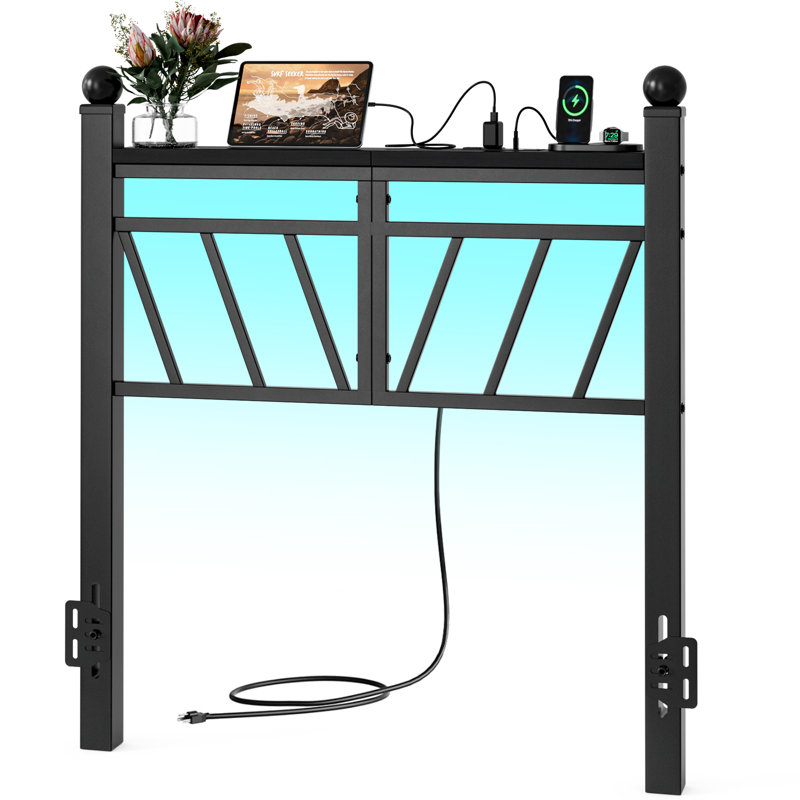  California King Size Headboard With Storage, 60,000 Diy Color Of Led Lights, Cal King Metal Head Board With Charging Station, Modern Freestanding Headboard Only, Easy Assembly, Black