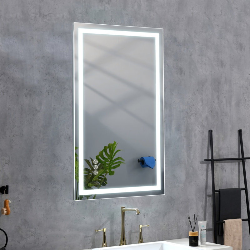 Miroir de salle de bain 32 po x 20 po à DEL avec façade et rétroéclairage, miroir de meuble-lavabo mural, anti-buée, mémoire, 3 couleurs, réglable en continu