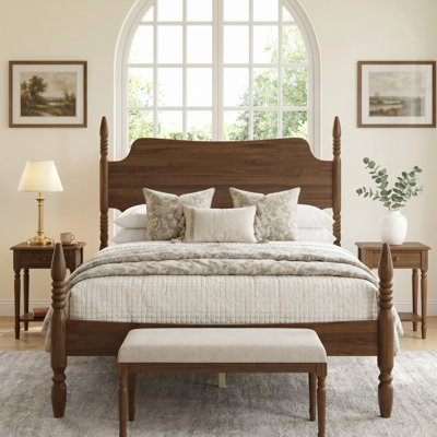 Queen  Wood Platform Bed Frame With Arched Headboard & Turned Posts, Vintage Style Spindle Bed, Walnut Finish, No Box Spring Required
