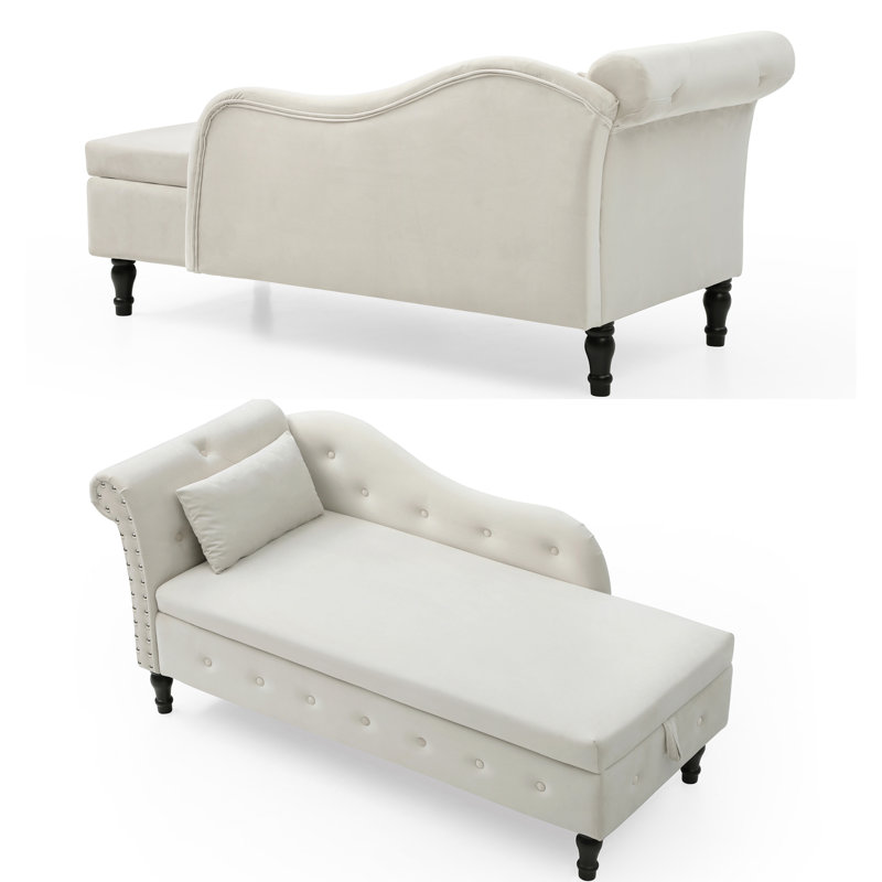 Chaise longue en velours avec rangement et banc rembourré capitonné, Beige