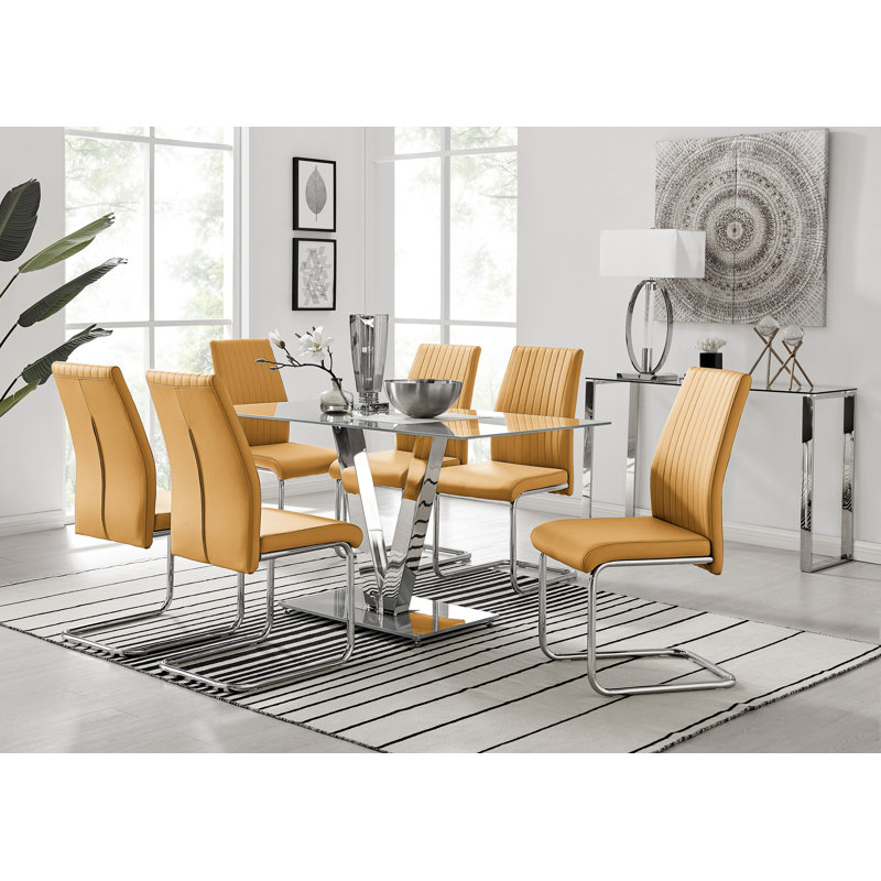 Ransart Modern Luxury Glass & Metal Dining Table Set With 6 Upholstered Faux Leather Dining Chairs, Mustard