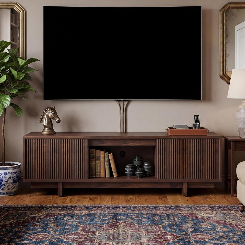 Meuble télé 63 po Farmhouse - Console multimédia noyer Mid-Century, H 15,9 po x L 63 po x l 15,7 po