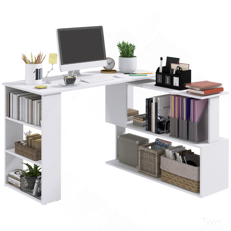 Bureau d'angle en L, bureau à domicile rotatif à 360 degrés avec tablettes de rangement, poste de travail de table d'écriture, blanc
