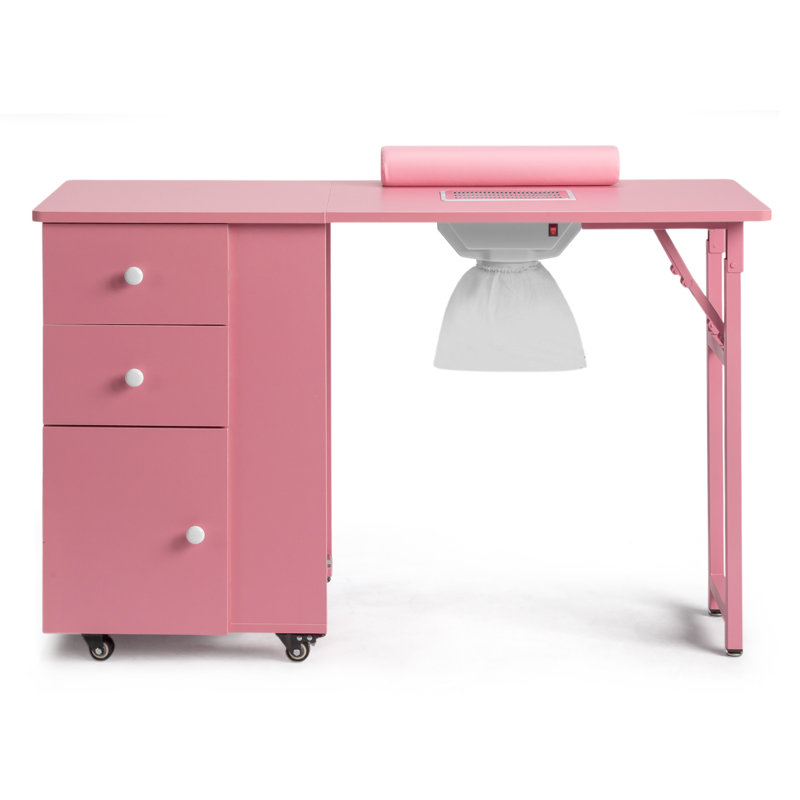 Table de manucure pliable pour Nail Tech avec collecteur de poussière électrique , Rose