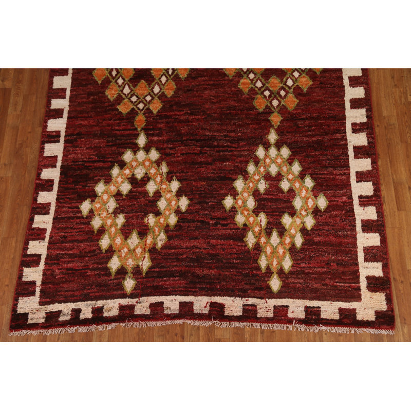 Tapis rouge / rose en laine noué à la main de conception unique 6 pi 11 po x 9 pi 9 po New Age